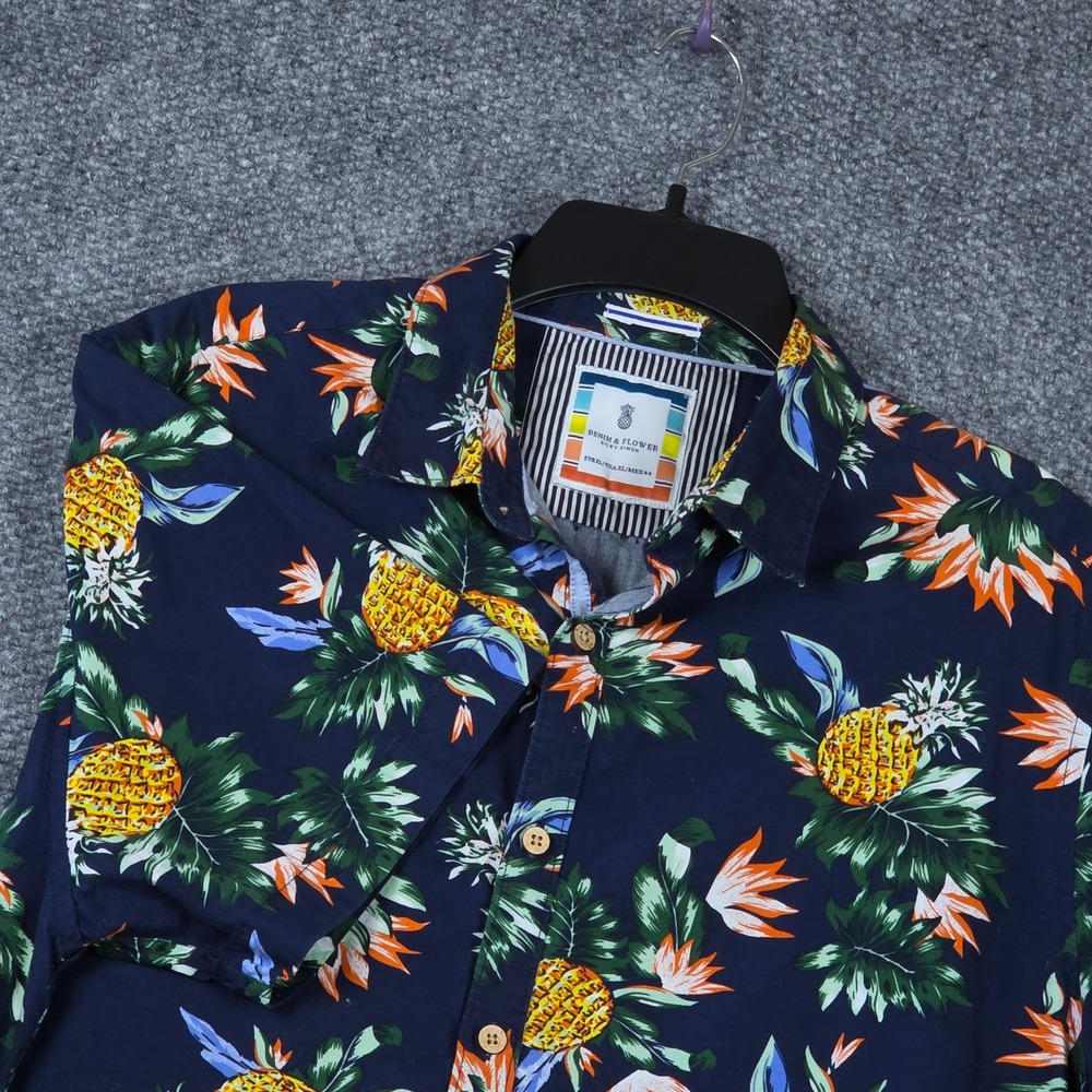 DENIM & FLOWER Mens Tropical Shirt Pineapple Floral Print Short Sleeve Button Up